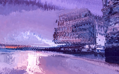 Snapshot from an experimental glitch video featuring a train station with impressionistic purple glitches creating an abstract, painterly effect.