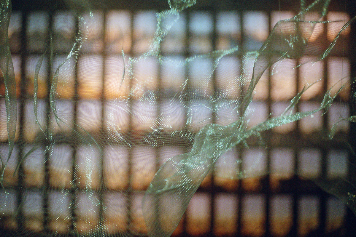 A close-up view of a fabric artwork with delicate threads and textures in sharp focus. Behind the translucent material, a blurred grid of images provides a muted backdrop, emphasizing details of the fabric in the foreground at the art exhibition.