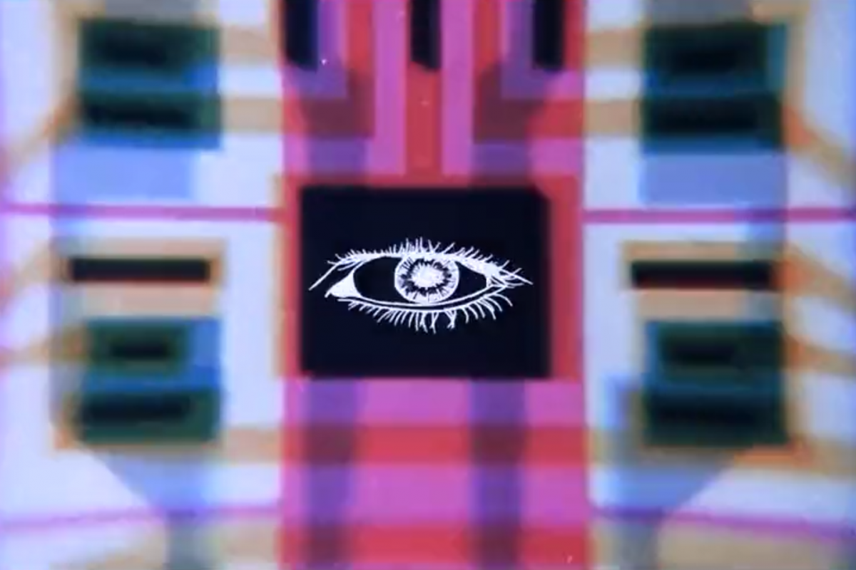 Digital artwork featuring a central black square with a white, sketch-like drawing of an eye, set against a background with a colorful, glitch-like pattern resembling a distorted digital screen.