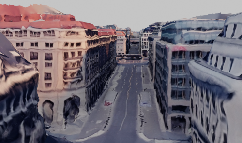 A photogrammetry image depicts a street in Berlin, characterized by a fluid and distorted architectural landscape. The buildings appear to melt into the street, creating a surreal urban scene, with the evening light casting soft shadows and giving depth to the city's altered textures.